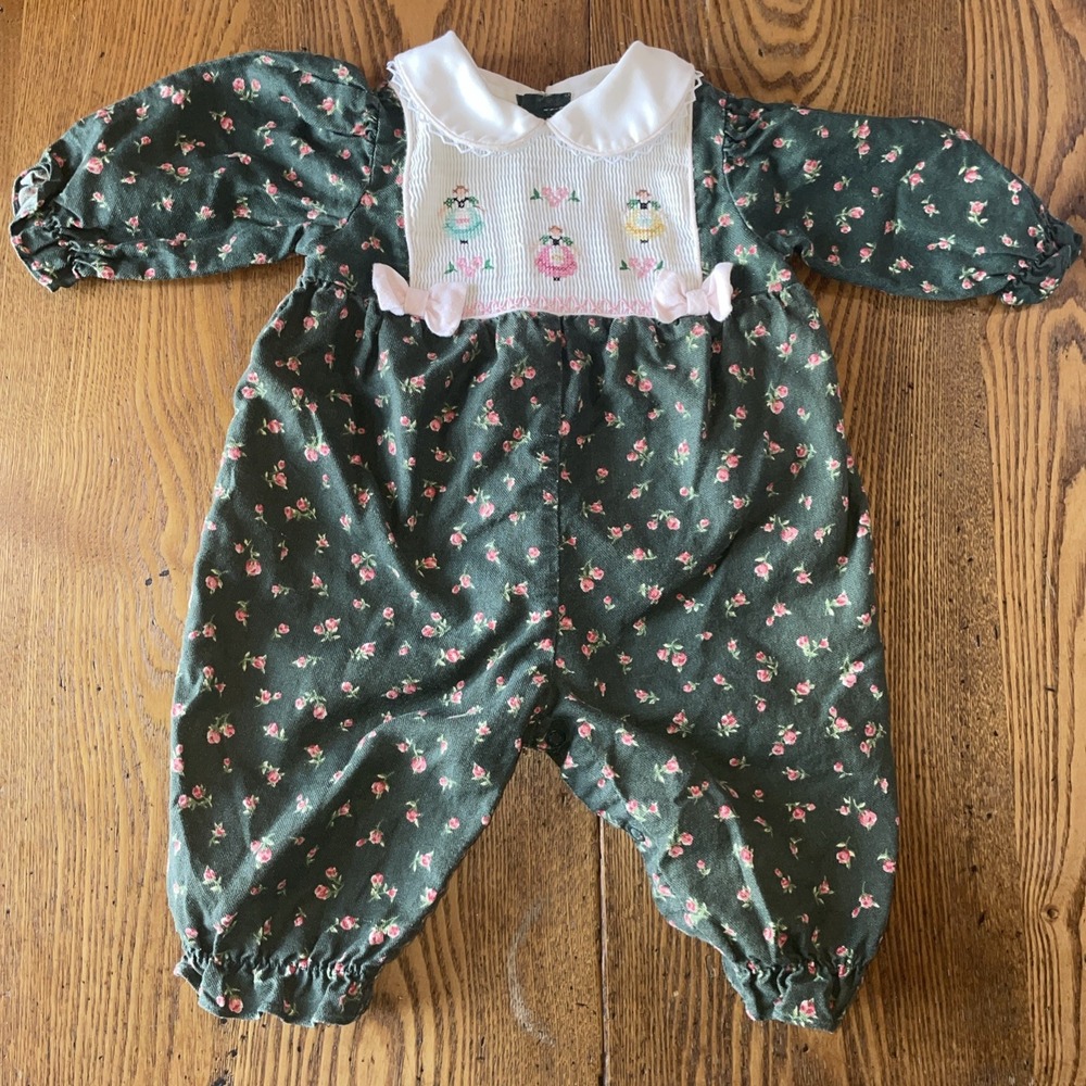 Adorable Girls Romper Play suit Olive Green Holland Dresses Collared 3-6 Mo - Picture 3 of 5